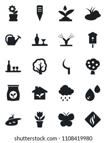 Set of vector isolated black icon - flower in pot vector, tree, watering can, butterfly, rain, sickle, plant label, pond, bird house, fertilizer, fruit, alcohol, eco, irrigation, water