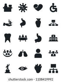 Set of vector isolated black icon - pedestal vector, team, meeting, manager place, disabled, stomach, lungs, real heart, tooth, eye, hospital, virus, user, company, palm sproute, hierarchy