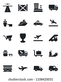 Set of vector isolated black icon - runway vector, departure, arrival, baggage trolley, alarm car, ladder, airport building, wheelbarrow, railroad, plane, sea shipping, delivery, port, container