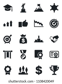 Set of vector isolated black icon - dollar sign vector, pedestal, medal, graduate, money bag, finger up, sertificate, police, target, arrow graph, motivation, handshake, pennon, crisis, certificate