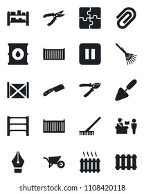 Set of vector isolated black icon - passport control vector, trowel, rake, wheelbarrow, pruner, cargo container, oil barrel, rack, pause button, application, paper clip, ink pen, heater, knife