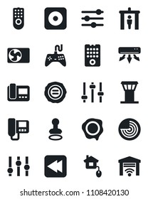 Set of vector isolated black icon - airport tower vector, security gate, stamp, radar, gamepad, settings, rewind, rec button, tuning, air conditioner, home control, remote, intercome, garage