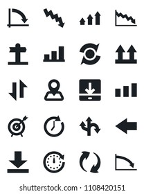 Set of vector isolated black icon - left arrow vector, crisis graph, route, signpost, navigation, up side sign, sorting, update, data exchange, download, bar, target, clock