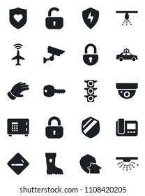 Set of vector isolated black icon - plane radar vector, smoking place, alarm car, safe, glove, boot, heart shield, traffic light, protect, lock, key, intercome, home, surveillance, sprinkler