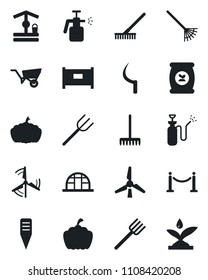 Set of vector isolated black icon - fence vector, farm fork, rake, wheelbarrow, well, sickle, plant label, pumpkin, greenhouse, garden sprayer, fertilizer, windmill, irrigation