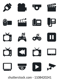 Set of vector isolated black icon - clapboard vector, tv, gamepad, video camera, play button, pause, rewind, hdmi, web, intercome, surveillance