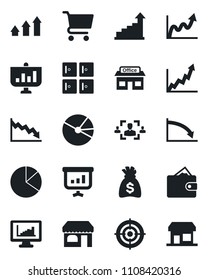 Set of vector isolated black icon - shop vector, checkroom, growth statistic, money bag, store, monitor statistics, pie graph, hr, target, arrow up, wallet, crisis, cart, presentation, storefront