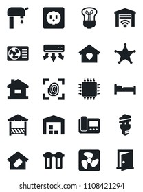 Set of vector isolated black icon - bed vector, house, water supply, warehouse, sweet home, smart, alcove, chip, socket, fingerprint, fan, air conditioner, intercome, filter, bulb, energy saving