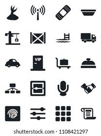 Set of vector isolated black icon - antenna vector, baggage trolley, handshake, sproute, patch, car delivery, container, microphone, menu, tuning, scanner, fingerprint id, pool, crane, reception