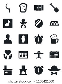 Set of vector isolated black icon - taxi vector, automatic door, male, baby, job, sickle, fireplace, heart hand, shield, user, alarm, music, calendar, restaurant table, beer, bread, dress code