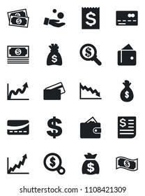 Set of vector isolated black icon - credit card vector, dollar sign, money bag, cash, receipt, wallet, growth graph, crisis, search, investment