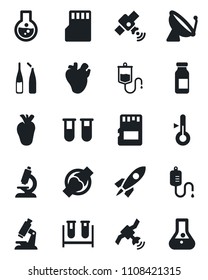 Set of vector isolated black icon - satellite antenna vector, blood test vial, dropper, microscope, ampoule, real heart, joint, sd, thermometer, rocket, flask