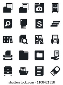 Set of vector isolated black icon - office binder vector, document search, receipt, folder, photo gallery, paper, tray, archive box, usb flash