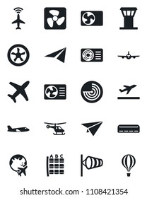 Set of vector isolated black icon - airport tower vector, plane radar, departure, wind, helicopter, seat map, globe, air conditioner, fan, paper, balloon