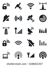 Set of vector isolated black icon - antenna vector, wireless notebook, radar, satellite, equalizer, mute, cellular signal, lock