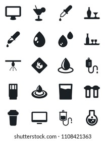 Set of vector isolated black icon - water drop vector, dropper, flammable, monitor, alcohol, drink, cocktail, filter, sprinkler, flask