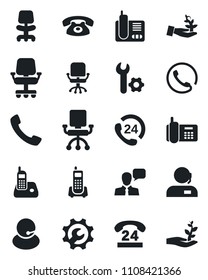 Set of vector isolated black icon - office chair vector, phone, 24 hours, support, speaker, radio, call, root setup, palm sproute