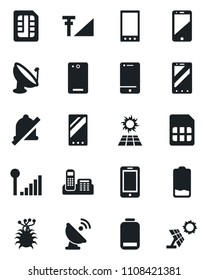 Set of vector isolated black icon - mobile phone vector, virus, satellite antenna, cell, low battery, back, sim, mute, cellular signal, office, sun panel