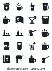 Set of vector isolated black icon - hot cup vector, coffee machine, water supply, alcohol, wine card, drink, cocktail, phyto bar, beer, turkish