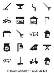 Set of vector isolated black icon - cafe vector, ladder car, rake, sickle, garden light, picnic table, fertilizer, bike, alcove, outdoor lamp