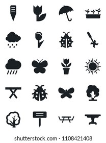 Set of vector isolated black icon - umbrella vector, sun, flower in pot, tree, butterfly, lady bug, seedling, rain, plant label, picnic table, ripper, tulip