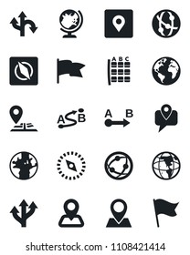 Set of vector isolated black icon - globe vector, seat map, route, navigation, earth, pin, mobile tracking, network, place tag, compass, flag