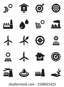 Set of vector isolated black icon - factory vector, bird house, target, sun panel, windmill, eco, water, palm sproute