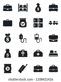 Set of vector isolated black icon - suitcase vector, baggage conveyor, larry, luggage storage, checkroom, case, money bag, fertilizer, doctor, dropper