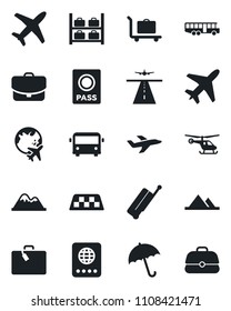 Set of vector isolated black icon - plane vector, runway, taxi, suitcase, baggage trolley, airport bus, umbrella, passport, helicopter, luggage storage, globe, mountains, case