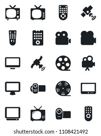 Set of vector isolated black icon - tv vector, reel, satellite, video camera, remote control, monitor