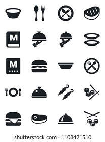 Set of vector isolated black icon - spoon and fork vector, dish, cafe, menu, plates, waiter, steak, kebab, hamburger, bowl, sushi