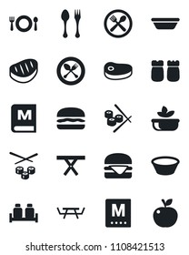 Set of vector isolated black icon - spoon and fork vector, picnic table, cafe, menu, salad, salt pepper, steak, hamburger, bowl, sushi, apple fruit