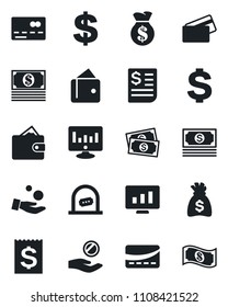 Set of vector isolated black icon - credit card vector, ticket office, dollar sign, money bag, statistic monitor, cash, receipt, wallet, investment