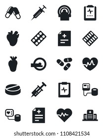 Set of vector isolated black icon - heart pulse vector, diagnosis, syringe, blood pressure, pills, blister, tomography, real, clipboard, hospital