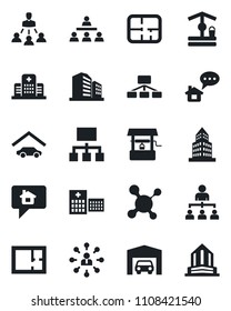 Set of vector isolated black icon - hierarchy vector, well, molecule, hospital, office building, garage, plan, home message