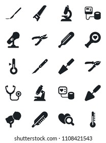Set of vector isolated black icon - trowel vector, pruner, saw, stethoscope, blood pressure, thermometer, heart diagnostic, microscope, scalpel, microphone