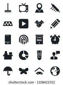 Set of vector isolated black icon - taxi vector, alarm clock, tv, speaking man, manager place, pencil, circle chart, rake, butterfly, pin, umbrella, remote control, cell phone, play button, mailbox