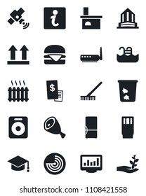 Set of vector isolated black icon - trash bin vector, radar, graduate, rake, fireplace, up side sign, satellite, speaker, monitor statistics, pool, heater, fridge, drink, restaurant receipt, ham