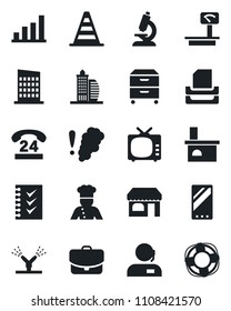 Set of vector isolated black icon - shop vector, border cone, fireplace, microscope, 24 hours, heavy scales, tv, mobile, bar graph, support, checklist, paper tray, archive box, office building, cook