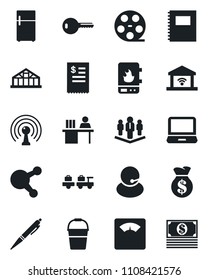 Set of vector isolated black icon - baggage larry vector, bucket, greenhouse, scales, support, reel, antenna, laptop pc, share, copybook, manager desk, pen, company, key, restaurant receipt, fridge