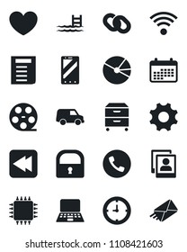 Set of vector isolated black icon - phone vector, mobile, notebook pc, document, heart, clock, reel, chain, rewind, settings, lock, photo gallery, pie graph, archive box, pool, wireless, chip, car