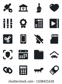 Set of vector isolated black icon - mobile phone vector, caterpillar, satellite, settings, chain, heart, themes, sd, folder, calendar, mute, cut, face id, video, sertificate, garage, gate control