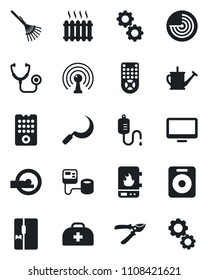 Set of vector isolated black icon - radar vector, rake, watering can, pruner, sickle, doctor case, stethoscope, blood pressure, dropper, tomography, antenna, remote control, monitor, speaker, heater
