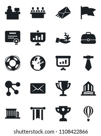 Set of vector isolated black icon - manager place vector, meeting, office building, palm sproute, pennon, earth, flag, case, social media, crisis management, certificate, mail, award cup, tie