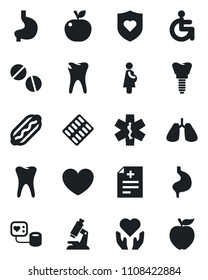 Set of vector isolated black icon - heart vector, diagnosis, blood pressure, microscope, pills, blister, ambulance star, shield, disabled, hand, stomach, lungs, tooth, caries, implant, pregnancy