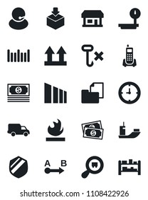 Set of vector isolated black icon - store vector, cash, office phone, support, sea shipping, car delivery, clock, folder document, up side sign, no hook, package, sorting, shield, flammable, barcode