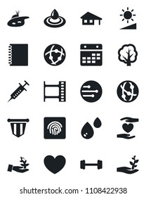 Set of vector isolated black icon - pennant vector, tree, heart, syringe, barbell, hand, film frame, network, calendar, brightness, fingerprint id, copybook, house with garage, pond, water