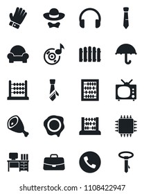 Set of vector isolated black icon - phone vector, case, abacus, desk, stamp, fence, glove, umbrella, headphones, music, tie, cushioned furniture, tv, dress code, ham, chip