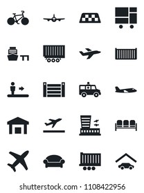 Set of vector isolated black icon - taxi vector, departure, escalator, waiting area, plane, airport building, ambulance car, bike, truck trailer, cargo container, sea port, consolidated, warehouse