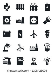 Set of vector isolated black icon - factory vector, fire, oil barrel, torch, charge, desk lamp, windmill, heater, socket, water, radiator, bulb, energy saving, sun panel, battery, idea